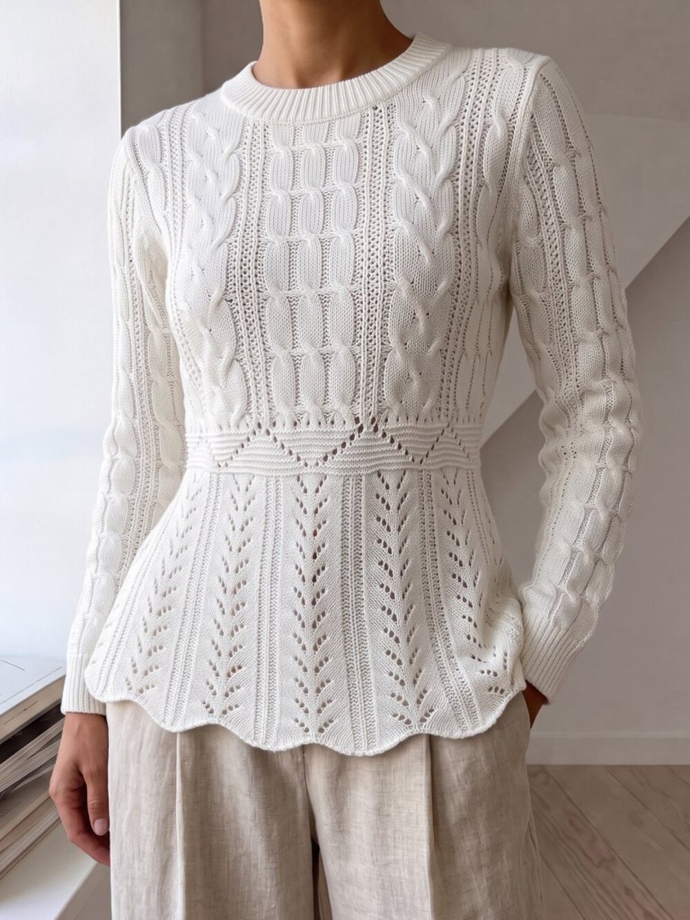 White Casual Women's Cable Knit Round Neck Pullover - Picture 6 of 6
